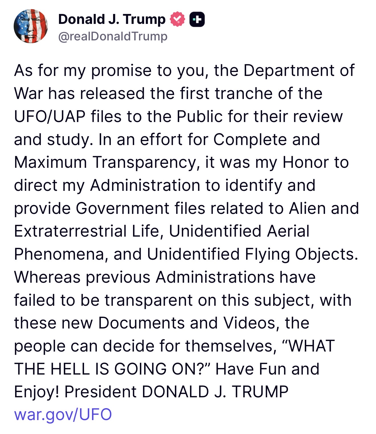 Trump Releases First Trunch of UFO/NHI/UAP files
