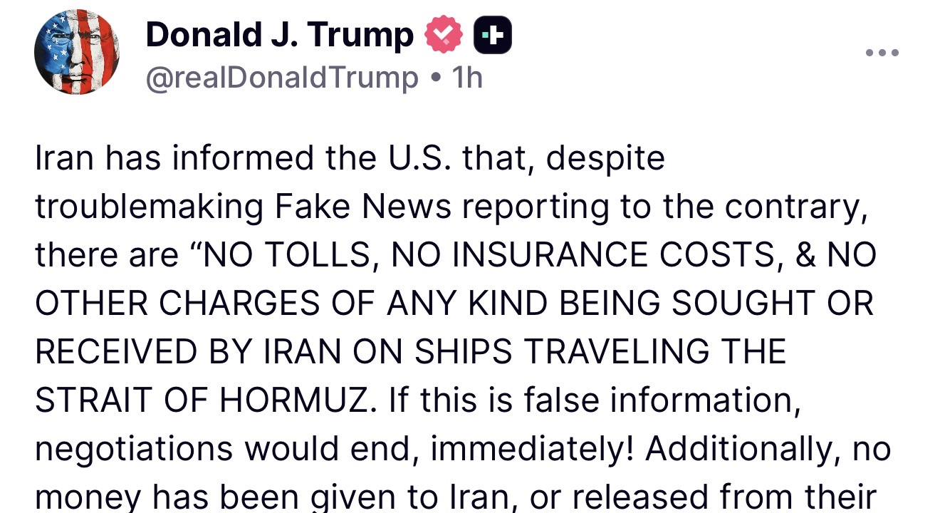 Iran Says Strait Is Open. Trump says if Untrue Negotiations End.